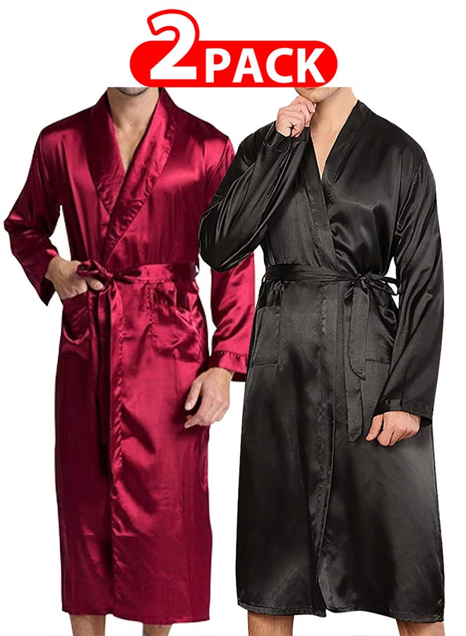 MARGOUN 2 Pack Men's Small Size Dressing Gown Kimono Robe Lightweight Silk Long Sleeved Home Sleepwear Loungewear /(Length 44''/Chest 22'') - Image 1
