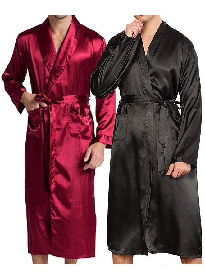 MARGOUN 2 Pack Men's Small Size Dressing Gown Kimono Robe Lightweight Silk Long Sleeved Home Sleepwear Loungewear /(Length 44''/Chest 22'') - Image 3