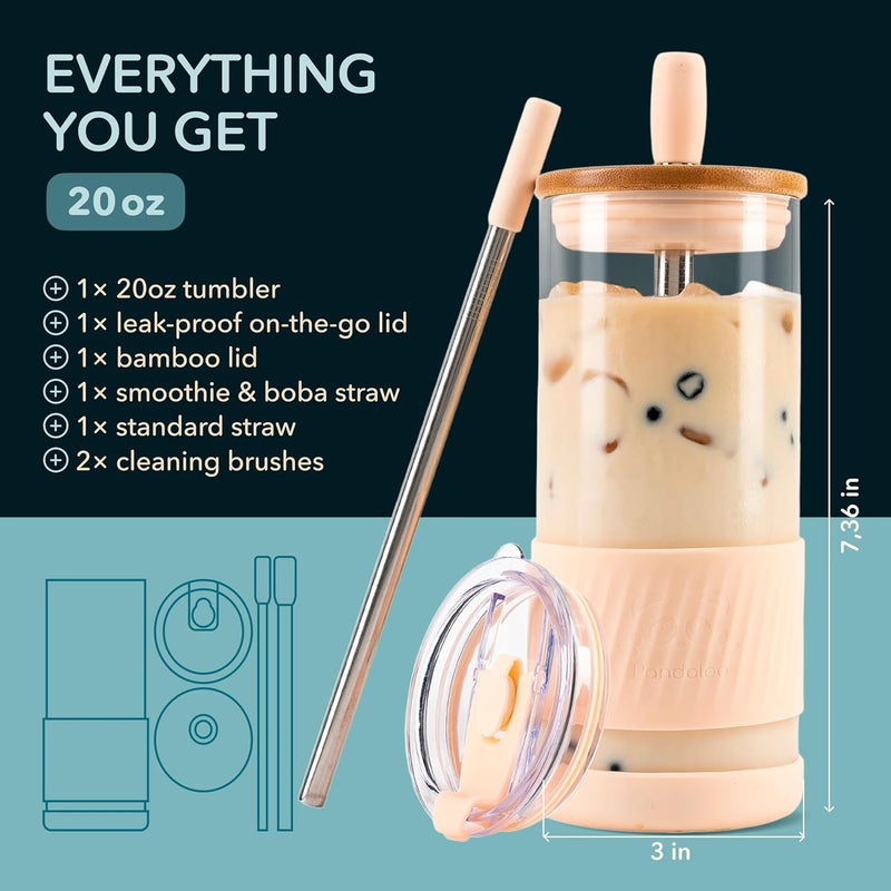Pandaloo ® Glass Cups With Lids and Straws -20 Fl Oz- Perfect Size Iced Coffee Cup - Smoothie Cup With Bamboo Lid and On the go Lid - Glass Tumbler With Straw (1 Count (Pack of 1), Vanilla Cream) - Image 2