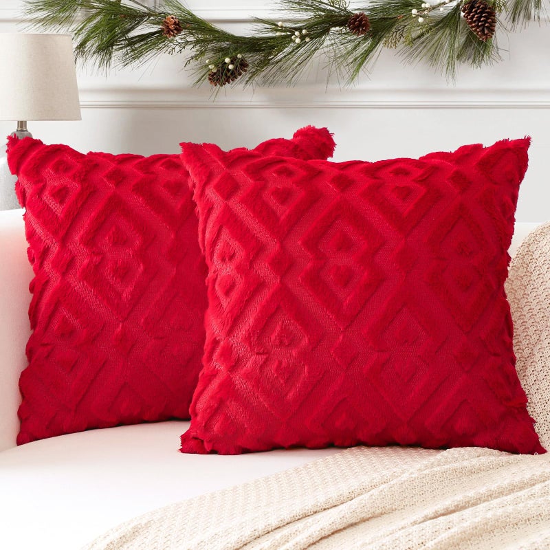 Artscope Artscope Pack of 2 Soft Plush Short Wool Velvet Decorative Throw Pillow Covers Luxury Style Cushion Covers Christmas Pillow Shell for Sofa Bedroom Diamond Shape Red  20x20 Inch  - Image 1