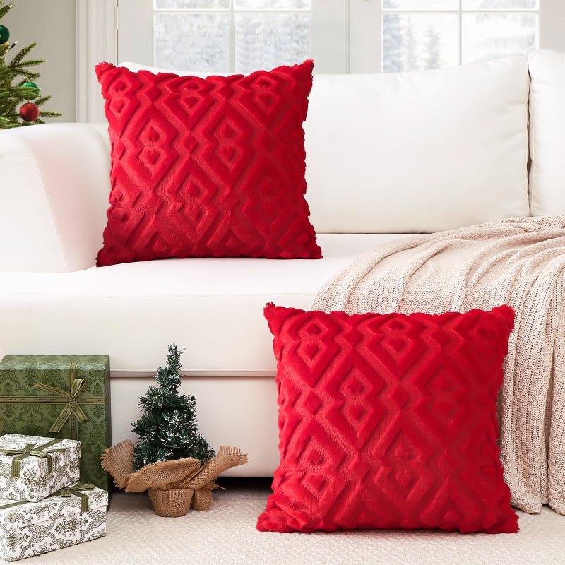 Artscope Artscope Pack of 2 Soft Plush Short Wool Velvet Decorative Throw Pillow Covers Luxury Style Cushion Covers Christmas Pillow Shell for Sofa Bedroom Diamond Shape Red  20x20 Inch  - Image 5