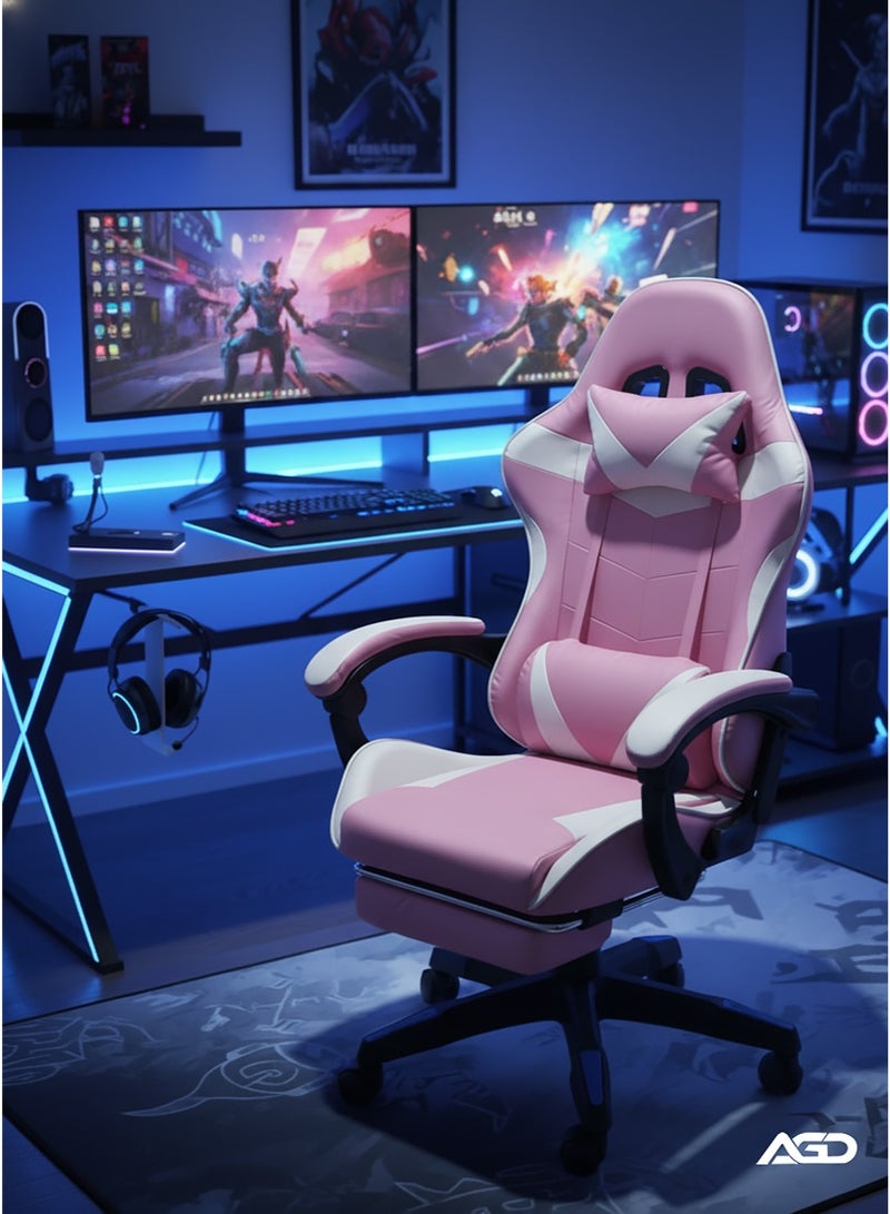 إيه جي دي كرسي ألعاب بظهر مرتفع، كرسي كمبيوتر قابل للتعديل، بتصميم مريح لدعم أسفل الظهر مزود بمسند رأس وذراع مريح/ وردي - Image 1