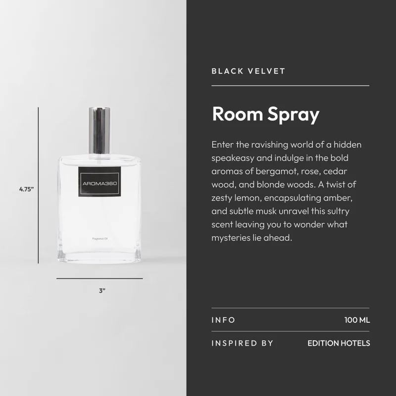 Aroma360  Black Velvet - Essential Oil Room Spray - Luxury Hotel Inspired Aromatherapy - Smokey Black Tea, Rose and Amber - Air Freshener Spray - 100mL  | Best Price UAE