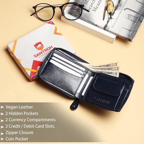 SAMTROH Denim Vegan Leather Wallet with Zipper Chain for Men Women | Compact Coin Pocket Purse with 3 Card Slots, 2 Currency Compartments, 2 Secret Pockets | Stylish Unisex Mini Wallet (Black) - Image 3