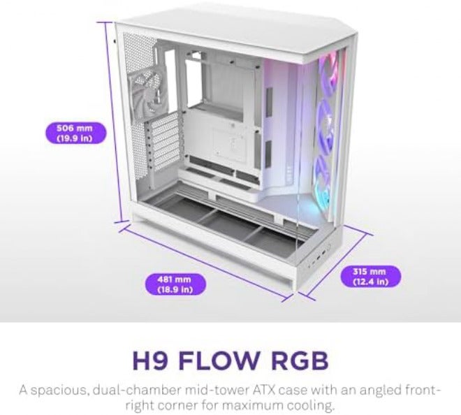 ان زد اكس تي NZXT H9 Flow RGB (2025) - علبة كمبيوتر كبيرة من نوع ATX Mid-Tower ذات تدفق هواء وغرفة مزدوجة - تتضمن وحدة مروحة RGB مقاس 420 مم ومروحة واحدة مقاس 120 مم - تدعم مشعاع 420 مم - زجاج مقوى - أبيض - Image 3