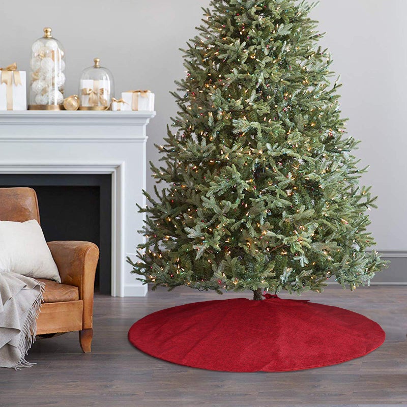 Ivenf Christmas Tree Skirt Red: 48 inches Burgundy Burlap Double-Layer Plain Xmas Tree Skirt, Rustic Farmhouse Xmas Tree Decorations Indoor for Kids Home School Office Holiday Party Decor - Image 4