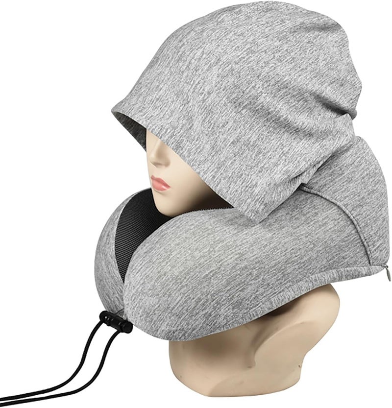 LOOKMINT LOOKMINT Premium Memory Foam Hooded Neck Pillow with 360Degree Head Support Comfortable Travel Pillow with Storage Bag for Sleeping Flight Car Train Bus Home Use Grey - Image 1
