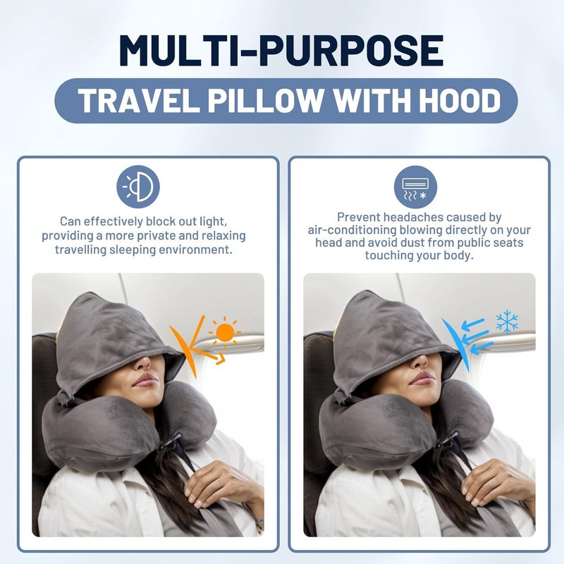 LOOKMINT LOOKMINT Premium Memory Foam Hooded Neck Pillow with 360Degree Head Support Comfortable Travel Pillow with Storage Bag for Sleeping Flight Car Train Bus Home Use Grey - Image 2