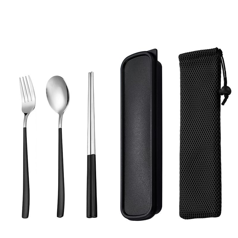 Portable Stainless Steel Cutlery Set – Black and Silver Spoon, Fork, Chopsticks, Travel Utensils with Carrying Case, Reusable for Camping