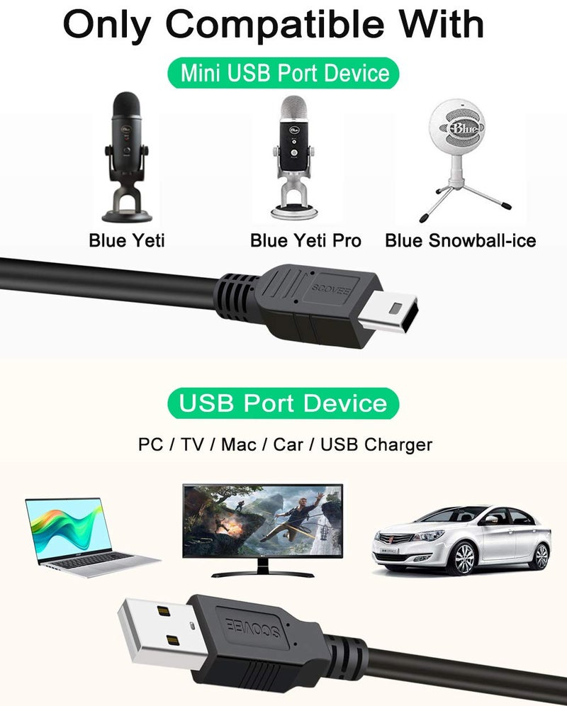 SCOVEE كابل طاقة USB بديل SCOVEE لميكروفونات تسجيل Blue Yeti، وميكروفون Blue Yeti Pro USB، وميكروفون Snowball iCE باللون الأسود، وكابل شحن صغير، وسلك شحن Mini-B - Image 2