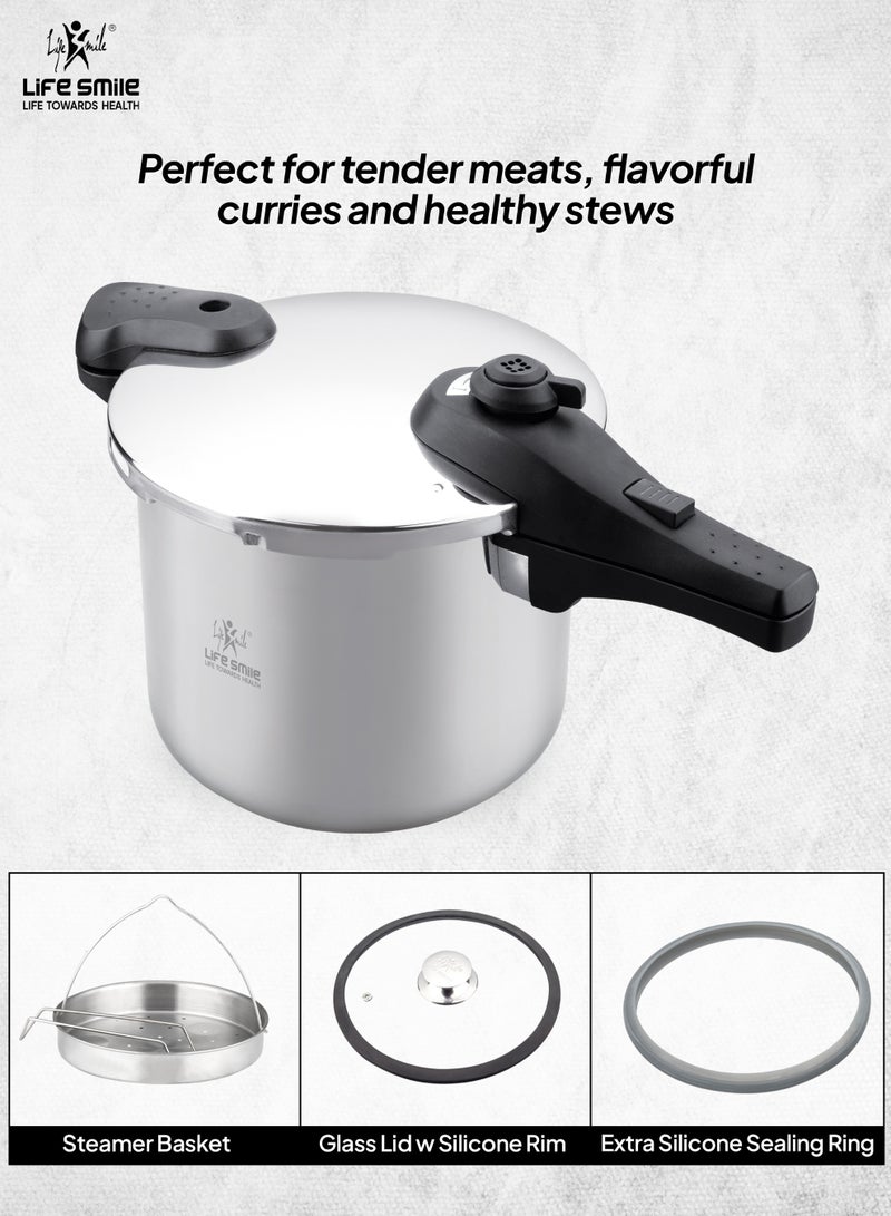 Life Smile 8Liters Pressure Cooker – 18/10 Stainless Steel, Push Button Lock System, Induction Compatible, Heat-Resistant Handles silver - Image 3