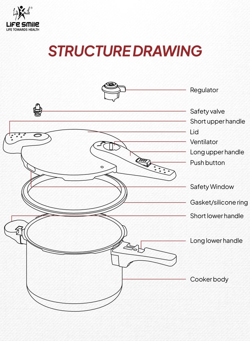 Life Smile 8Liters Pressure Cooker – 18/10 Stainless Steel, Push Button Lock System, Induction Compatible, Heat-Resistant Handles silver - Image 5