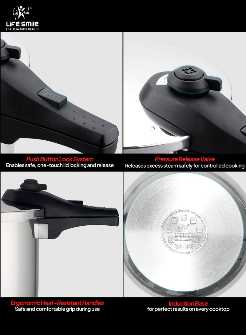 Life Smile 8Liters Pressure Cooker – 18/10 Stainless Steel, Push Button Lock System, Induction Compatible, Heat-Resistant Handles silver - Image 4