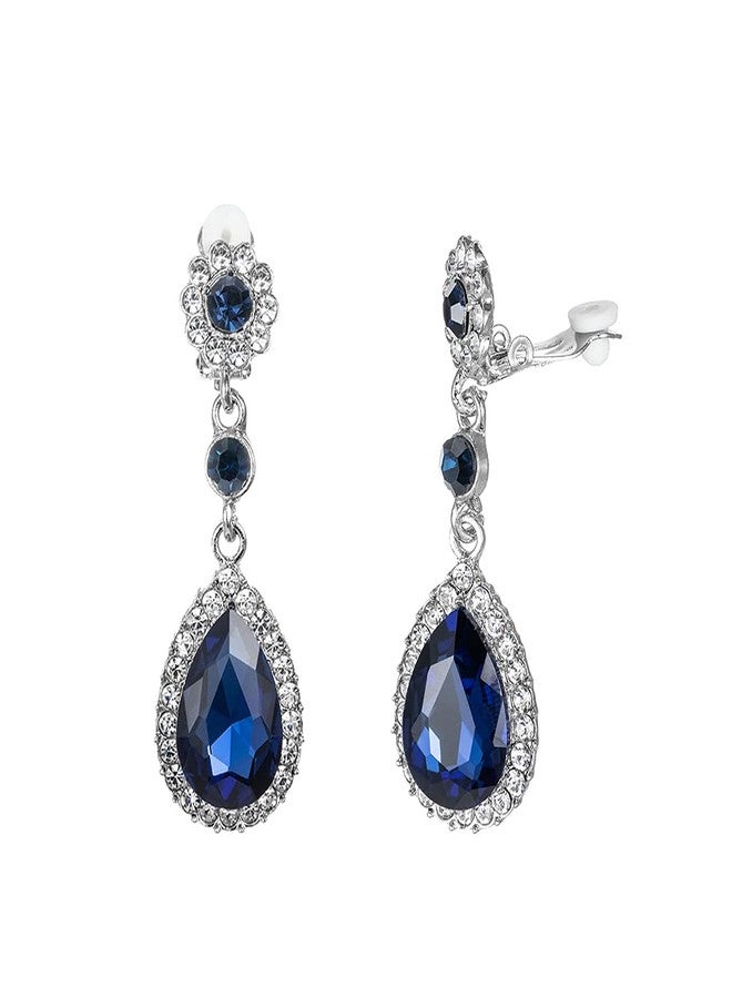 YINLI Gorgeous Austrian Crystal Rhinestone Clip on Earring Wedding Bridal Teardrop Drop Dangle Earrings (Clip on Dark Blue) - Image 1