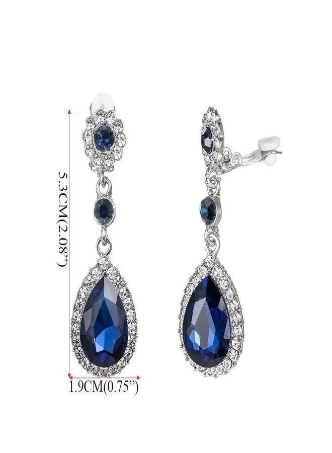 YINLI Gorgeous Austrian Crystal Rhinestone Clip on Earring Wedding Bridal Teardrop Drop Dangle Earrings (Clip on Dark Blue) - Image 3