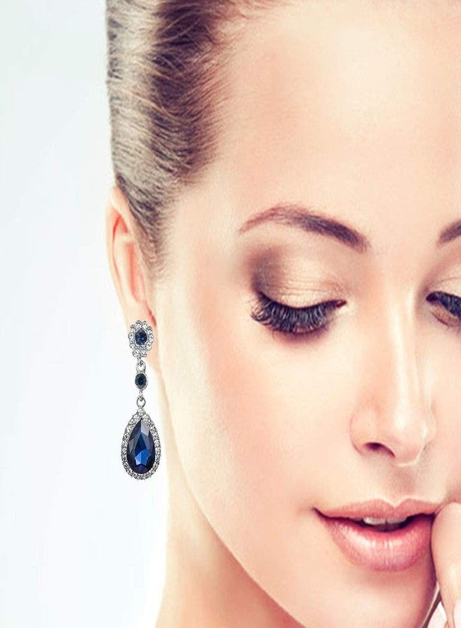 YINLI Gorgeous Austrian Crystal Rhinestone Clip on Earring Wedding Bridal Teardrop Drop Dangle Earrings (Clip on Dark Blue) - Image 2