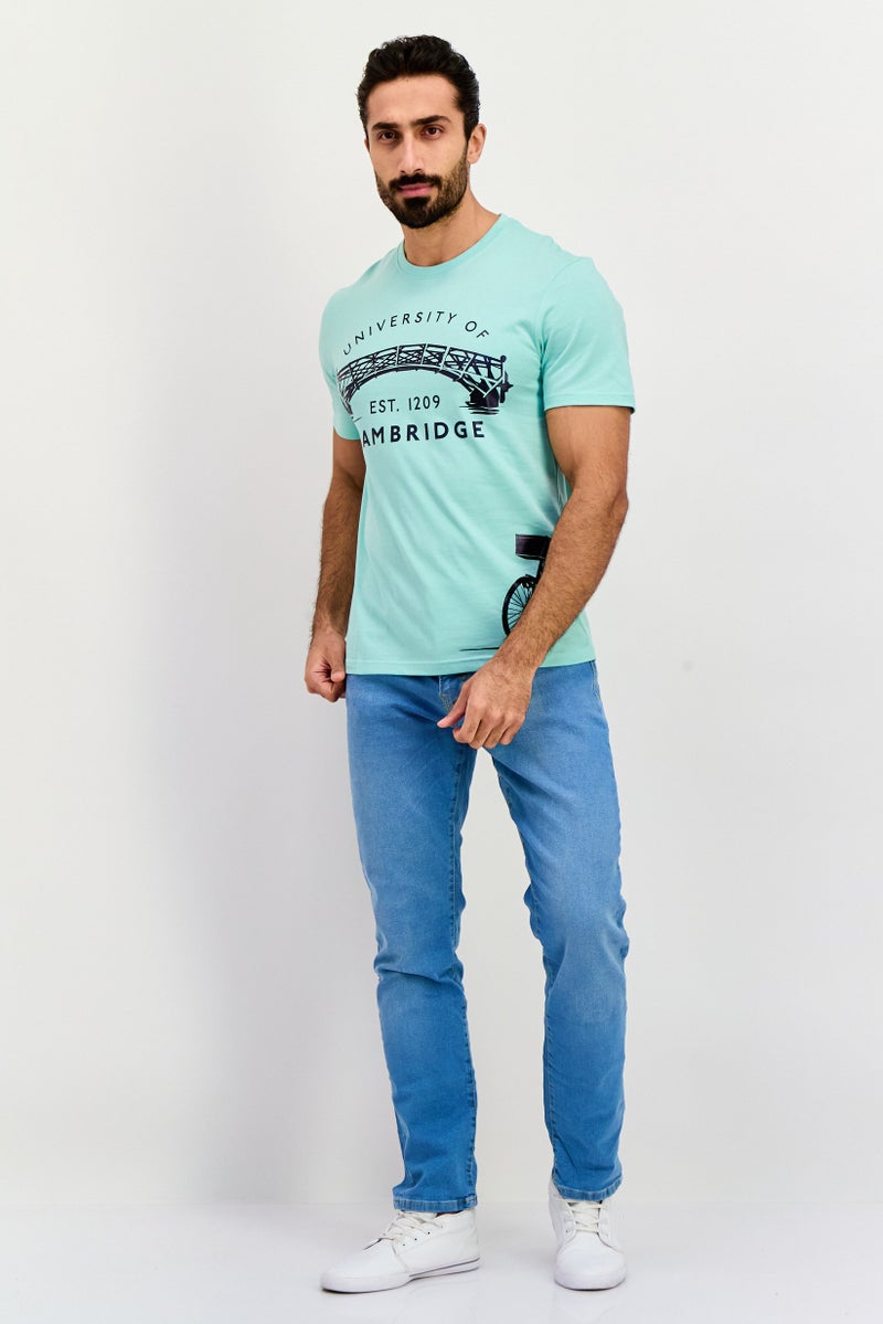 Cambridge Men Crew Neck Short Sleeves Brand Logo T-Shirt, Aqua Blue - Image 2