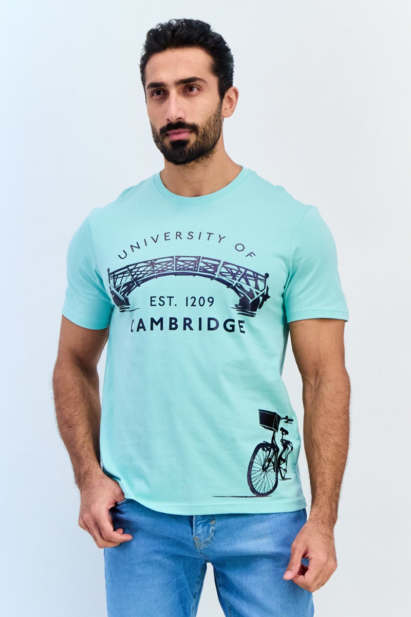 Cambridge Men Crew Neck Short Sleeves Brand Logo T-Shirt, Aqua Blue - Image 1