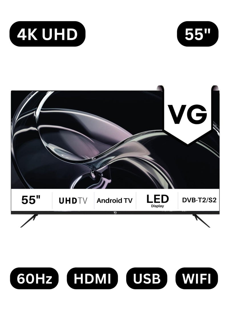 VG 55 Inch 4K UHD Android Smart TV (2026 Model - UAE Version) 55" Ultra HD Smart Television with Android 15 OS | A+ Grade Panel | DVB-T2/S2 Digital Tuner | Edgeless Design | HDMI, USB | LED Television | Free Wall Mount Included - VGLED55AOU - Image 1