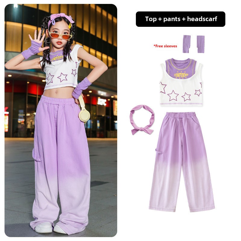 Kids Jazz Dance Costume Crop Top Harem Pants Set Set + Purple Turban