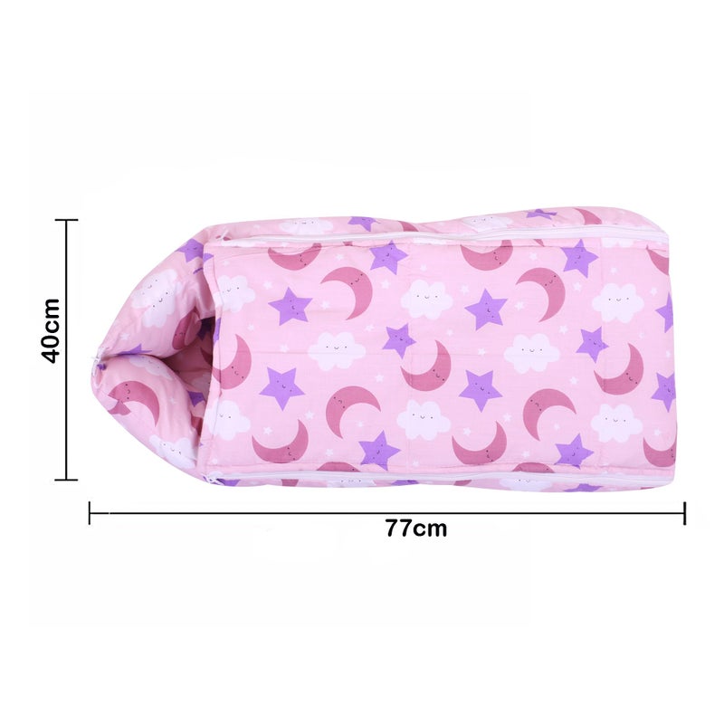 Nonibud Baby Cotton Sleeping Bed Cum Carrying Nest Bag with Storage Bag # Large Size 77 Cms X 40 Cms # 0-9 Months- SkyBlue Star Print (Pink Moon) - Image 2