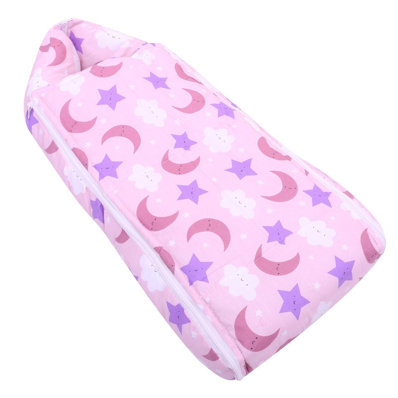 Nonibud Baby Cotton Sleeping Bed Cum Carrying Nest Bag with Storage Bag # Large Size 77 Cms X 40 Cms # 0-9 Months- SkyBlue Star Print (Pink Moon) - Image 1