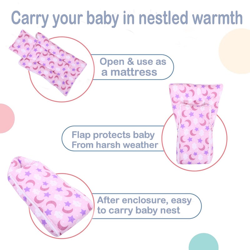 Nonibud Baby Cotton Sleeping Bed Cum Carrying Nest Bag with Storage Bag # Large Size 77 Cms X 40 Cms # 0-9 Months- SkyBlue Star Print (Pink Moon) - Image 5