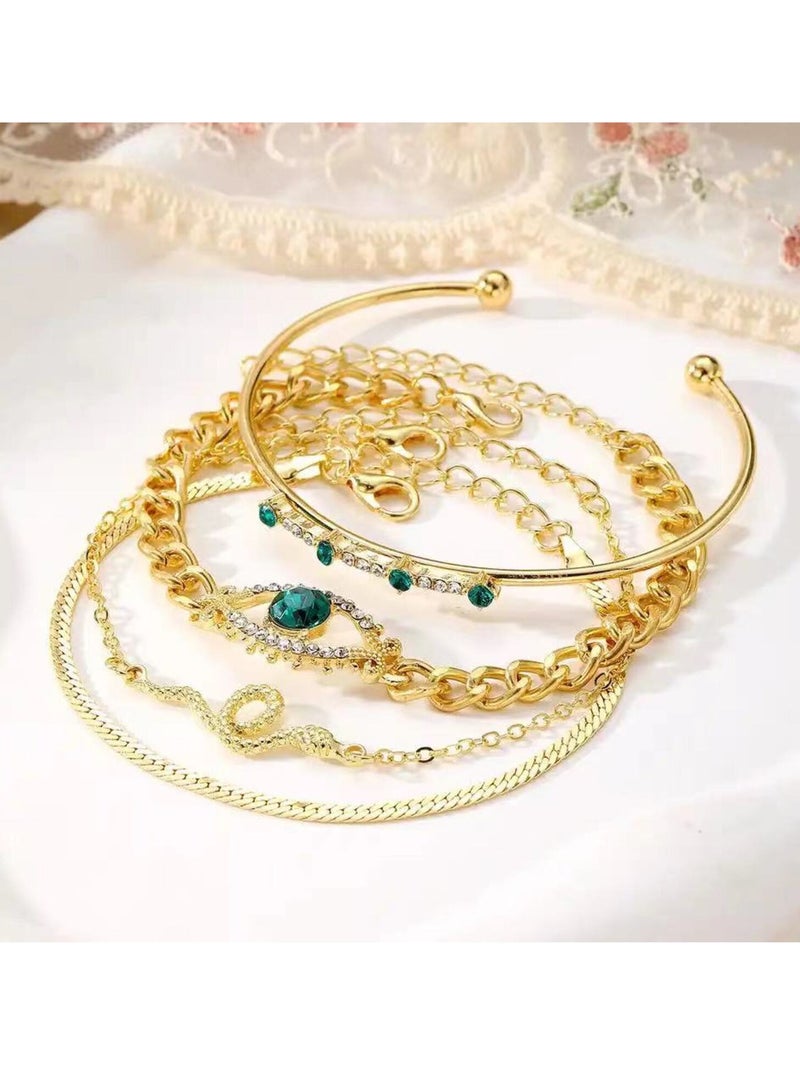 ديوتي مجموعة من 4 قطع من الأساور العصرية بتصميم ثعبان مرصع بأحجار الراين باللون الأخضر (النمط 2) - Image 2