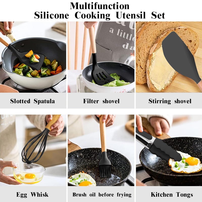 46-Piece Non-Stick Silicone Cooking Utensil Set with Holder and Wooden Handles, Khaki - Image 3