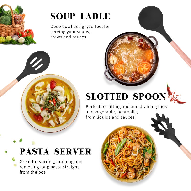 46-Piece Non-Stick Silicone Cooking Utensil Set with Holder and Wooden Handles, Khaki - Image 2