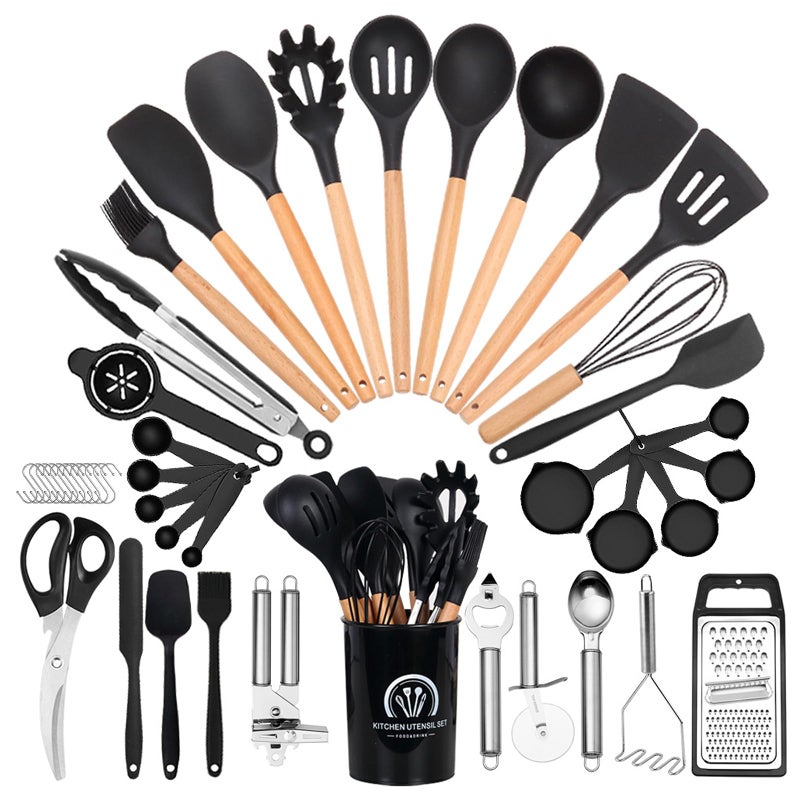 46-Piece Non-Stick Silicone Cooking Utensil Set with Holder and Wooden Handles, Khaki - Image 1