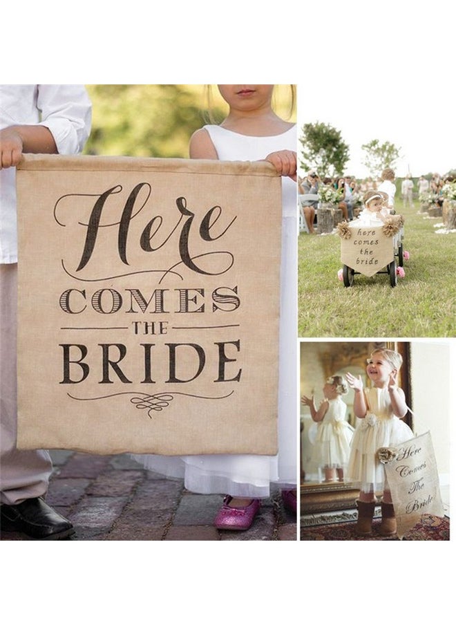 BESTOYARD - Burlap Wedding Direction Sign Bride Sign Banner Here Comes The Bride Wedding Flag Decoration Rustic Ceremony Sign 40 X 50 Cm - Image 1