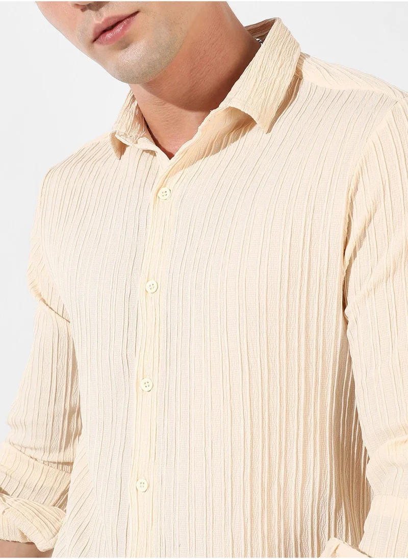 كامبوس سوترا Men's Light Yellow Textured Regular Fit Casual Shirt