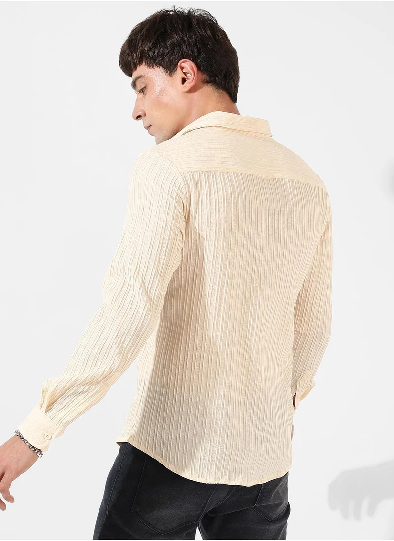 كامبوس سوترا Men's Light Yellow Textured Regular Fit Casual Shirt