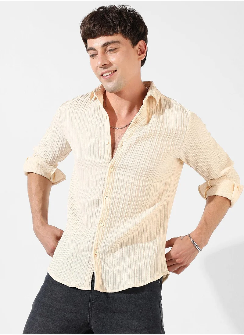 كامبوس سوترا Men's Light Yellow Textured Regular Fit Casual Shirt