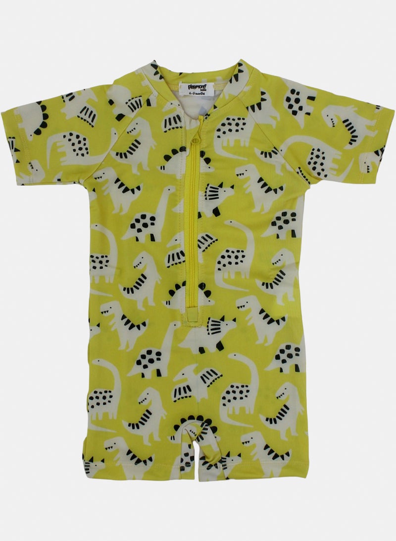 Baby Boys One-Piece Swimsuit – Yellow with Dinosaur Print