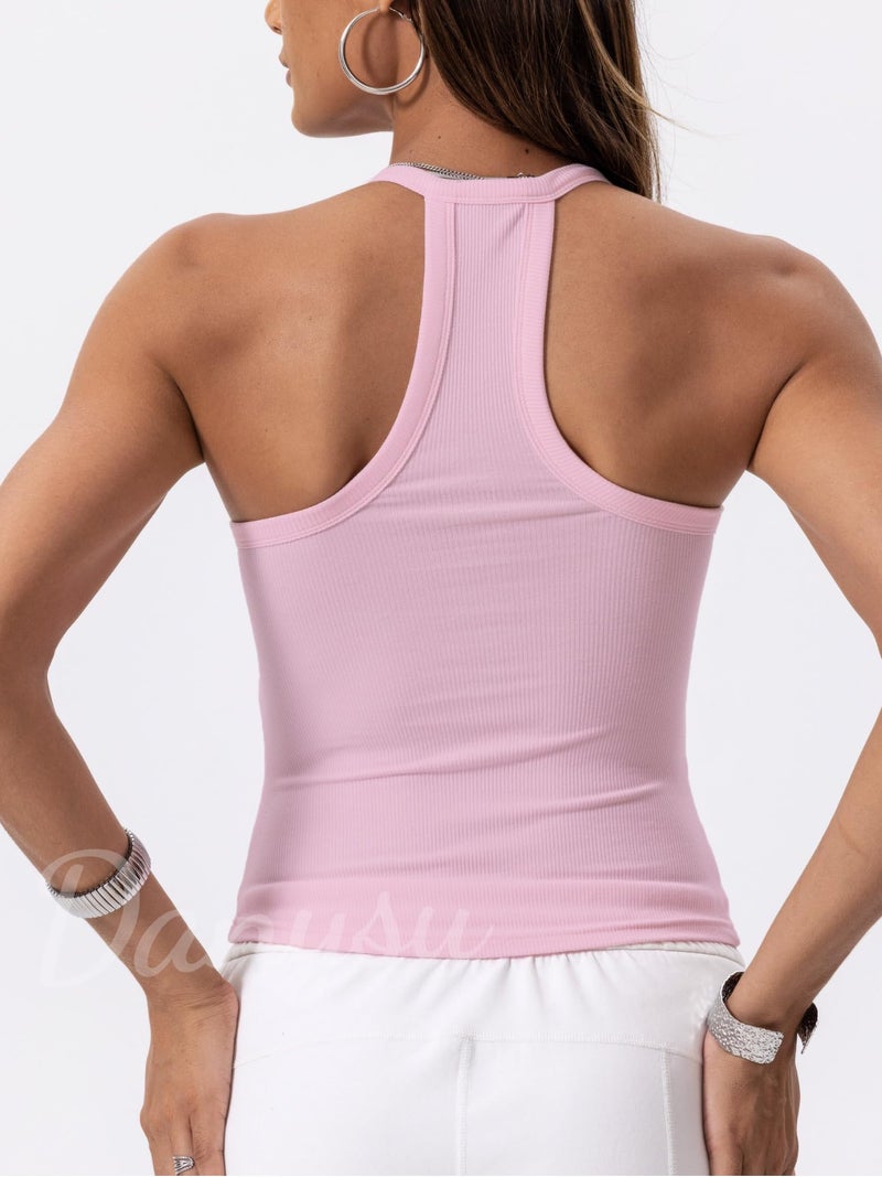 Danysu V Neck Racerback Built-in Bra Tank Tops for Women Trendy Cotton Ribbed Basic Halter Top Pastel Pink M - Image 2