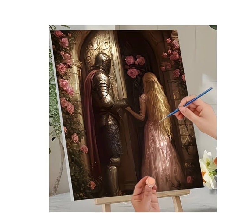 Paint by Numbers Kit – Medieval Knight and Princess at a Romantic Castle Door Surrounded by Pink Roses – Complete DIY Painting Set with Numbered Paints and 3 Brushes