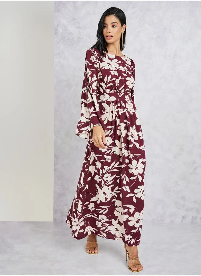 Styli Printed Long Sleeves A-Line Maxi Dress