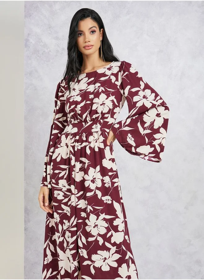 Styli Printed Long Sleeves A-Line Maxi Dress