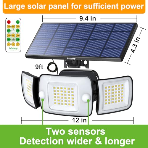 intelamp Solar Lights Outdoor, 3 Head Solar Motion Sensor Lights for Outside, lP65 Waterproof,Separate Panel with 9FT Cable Remote Control Flood Lights(2Pack) - Image 3