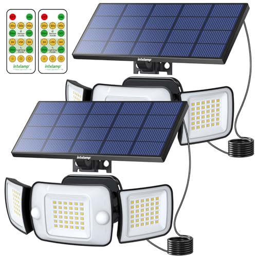 intelamp Solar Lights Outdoor, 3 Head Solar Motion Sensor Lights for Outside, lP65 Waterproof,Separate Panel with 9FT Cable Remote Control Flood Lights(2Pack) - Image 1