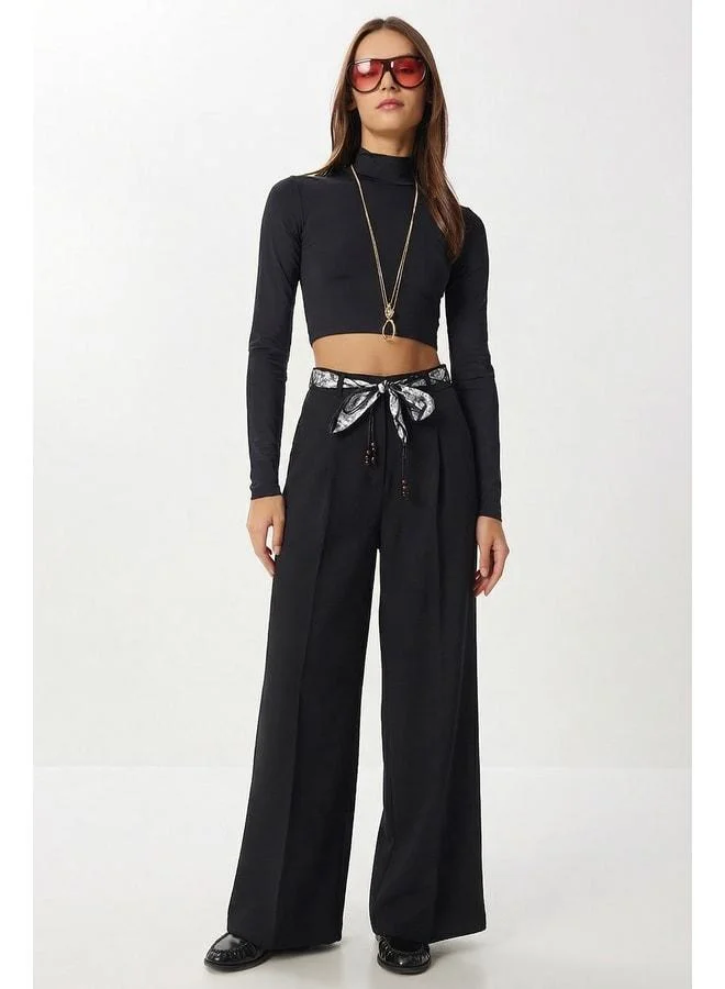Lovely Istanbul Scarf Belted Woven Palazzo Pants LBY0051 BLACK.