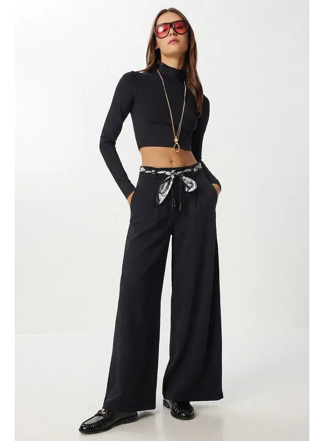 Lovely Istanbul Scarf Belted Woven Palazzo Pants LBY0051 BLACK.
