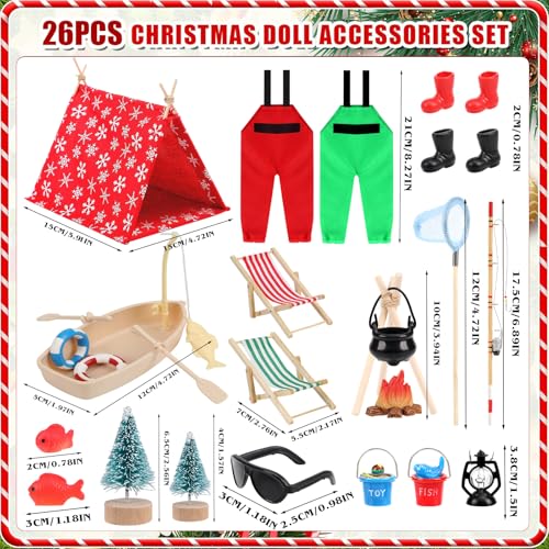 Zenoble 26 Pcs Christmas Elf Accessories Doll Fishing Accessories Include Fishing Outfit Clothes Boat Camping Tent Accessories for Xmas Gift Dollhouse Props Decor - Image 5