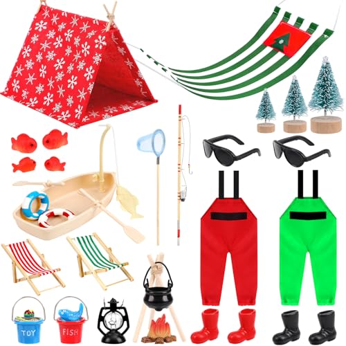 Zenoble 26 Pcs Christmas Elf Accessories Doll Fishing Accessories Include Fishing Outfit Clothes Boat Camping Tent Accessories for Xmas Gift Dollhouse Props Decor - Image 1