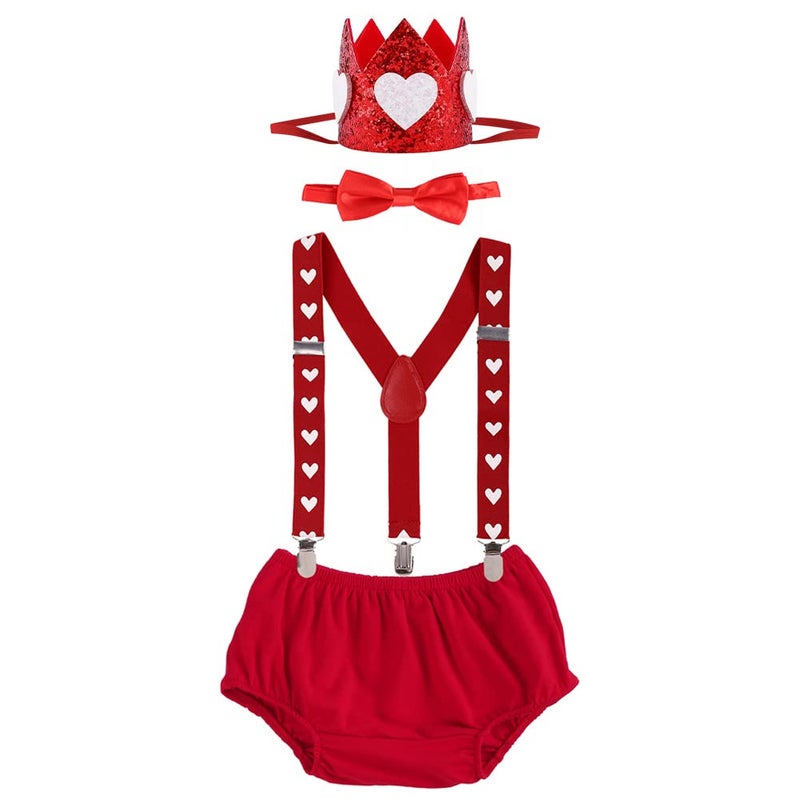 IMEKIS Toddler Baby Boy Valentines Outfit 1st Birthday Smash Cake Diaper Cover Suspender Bowtie Crown Headband Party Infant Cupid Photoshoot Red
