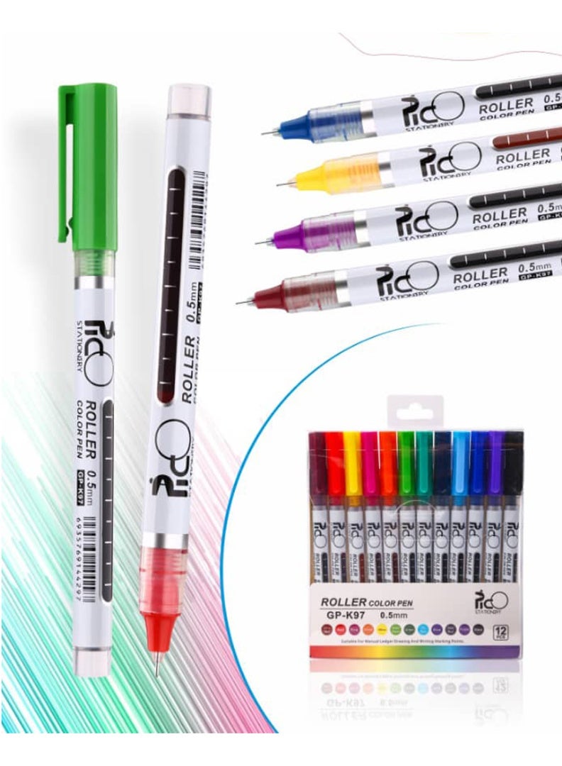 Pico Roller Color Pen Set – 12 Colors, 0.5mm Smooth Roller Pens for Writing and Art