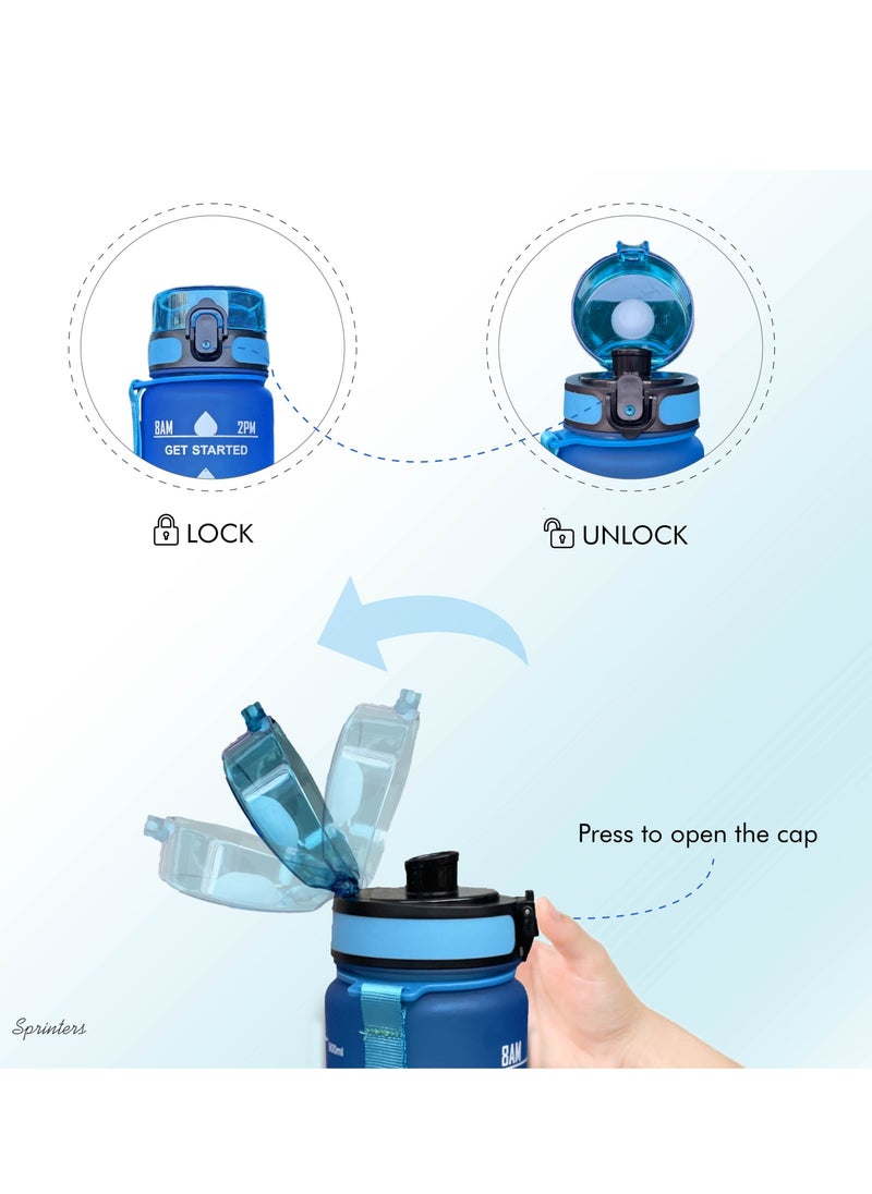 Sprinters SPRINTERS - زجاجة مياه سعة 1 لتر خالية من مادة BPA، متعددة الألوان - مقاومة للتسرب مع اقتباس تحفيزي وعلامة للوقت، مضادة للانزلاق للرياضة واللياقة البدنية وصالة الألعاب الرياضية والنزهة (1 لتر، أزرق داكن/أزرق سماوي متدرج)  - Image 5