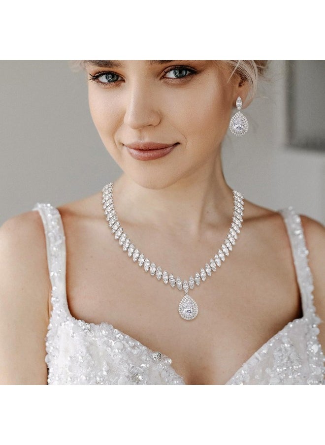 EVER FAITH - Women'S Cz Marquise-Shaped Leaf Teardrop Pendant Necklace Earrings Set Clear Silver-Tone - Image 1